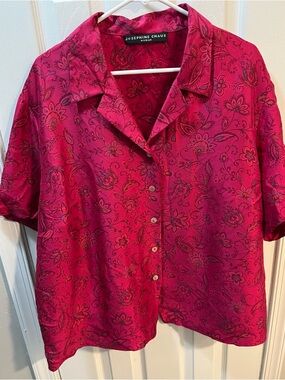 Josephine Chaus Bright Pink Floral Button Up Blouse 100% Silk Size XXL